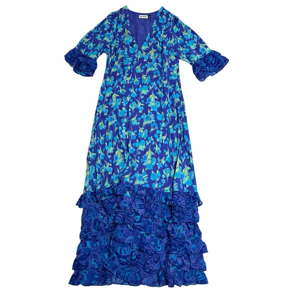 RIXO London Mari Midi Dress Floral Frilled V-Neck Ruffles Blue Green Large